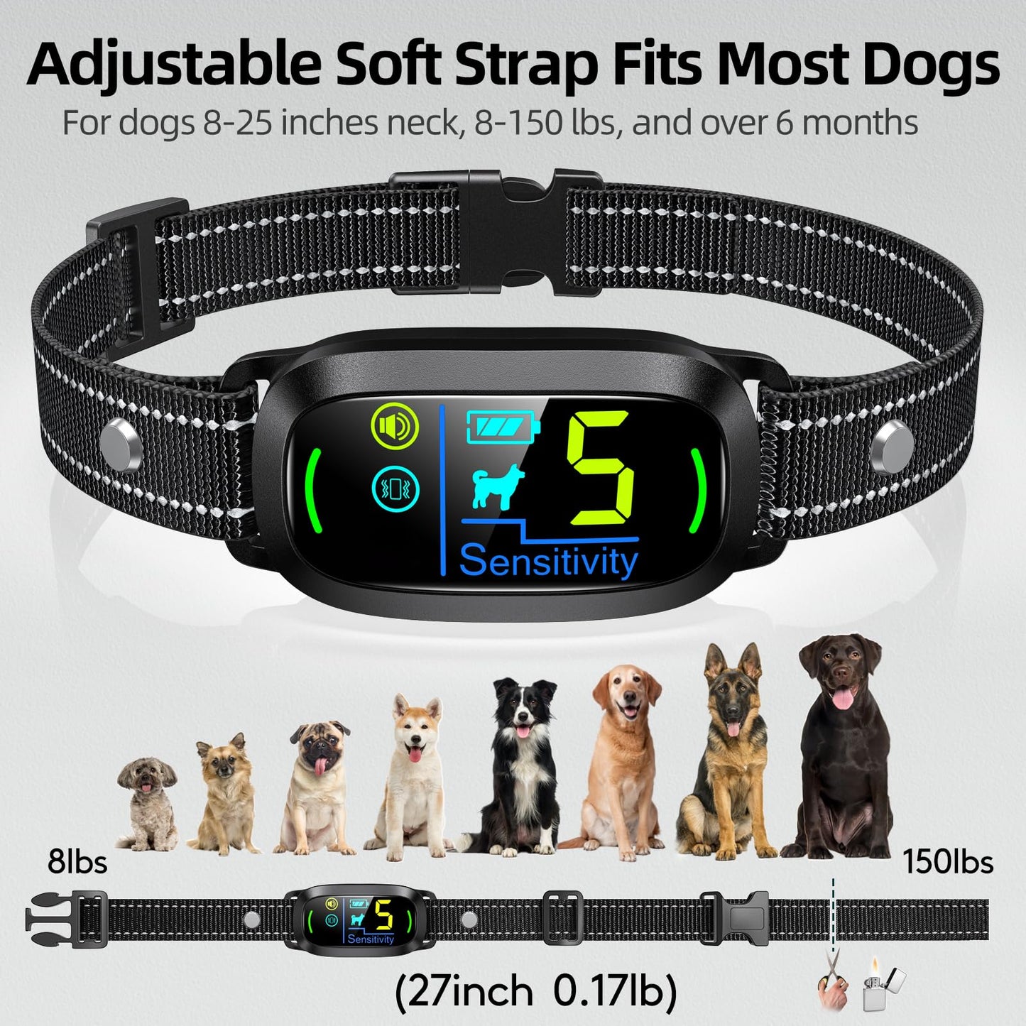 Rechargeable Smart Dog Bark Collar, Anti-Barking Training for All Sizes