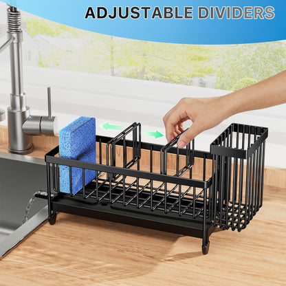 Sink Caddy Organizer with Brush Holder, Rustproof Stainless Steel (Black, 9.25″)