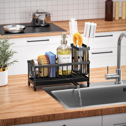 Sink Caddy Organizer with Brush Holder, Rustproof Stainless Steel (Black, 9.25″)