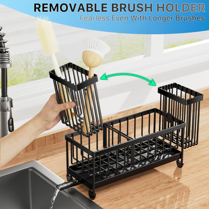 Sink Caddy Organizer with Brush Holder, Rustproof Stainless Steel (Black, 9.25″)