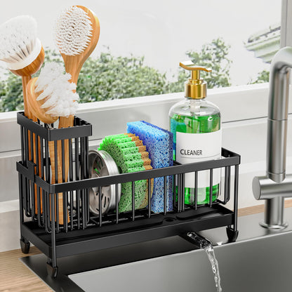 Sink Caddy Organizer with Brush Holder, Rustproof Stainless Steel (Black, 9.25″)